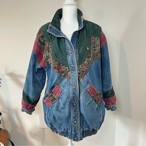 Current Seen 90s Boho Jean Denim Jacket w/ Tapestry Patchwork 🦋🌲💟